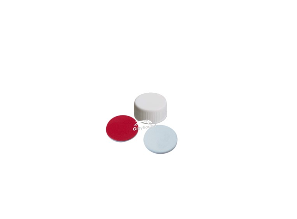 Picture of 20-400mm Solid Top Screw Cap, White Polypropylene with Red PTFE/White Silicone Septa, 1.3mm, (Shore A 45)